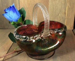 Vintage Art Glass Basket Bowl Silver Fleck Cranberry AVEM Murano Aventurine - Picture 1 of 12