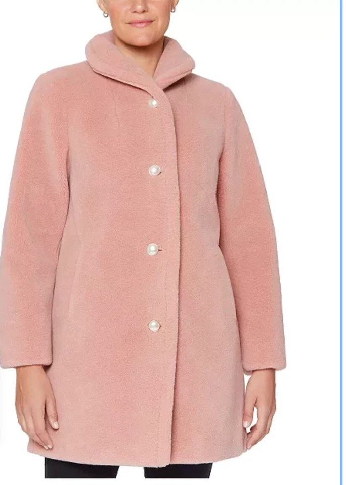 NUEVO CON ETIQUETAS KATE SPADE Abrigo de Piel Sintética de Peluche Botón Perla Rosa Talla Grande Cálido Suave $368 Foto 1 de 3