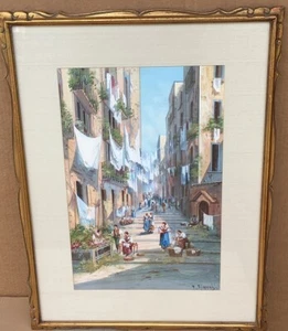 Yves Gianni Italian 19th c. Watercolor Painting Naples Street Scene w /Market - Picture 1 of 10