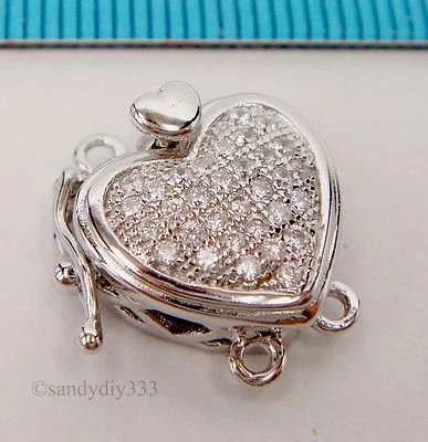 1x  Rhodium plated STERLING SILVER CZ MICRO PAVE HEART 2-strand BOX CLASP #2314 - Image 1 of 4