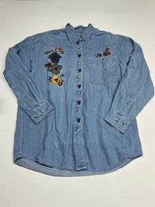Ladies Vintage Denim Shirt Small Blue Jean Embroidered Birds Bees  90s Y2K - Picture 1 of 11
