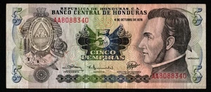 1978 HONDURAS 5 LEMPIRA BANKNOTE - SERIE AA - CIRCULATED - Picture 1 of 2