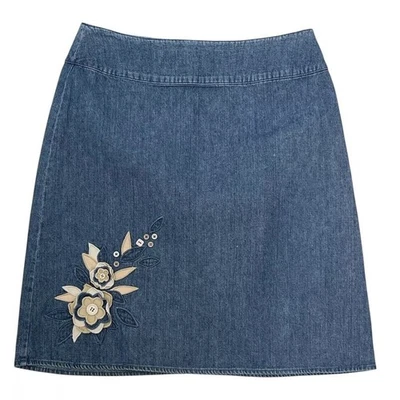 Casual Corner Women 8 Petite Floral Embroidered Denim Skirt Boho Cottage Core - Image 1 of 4