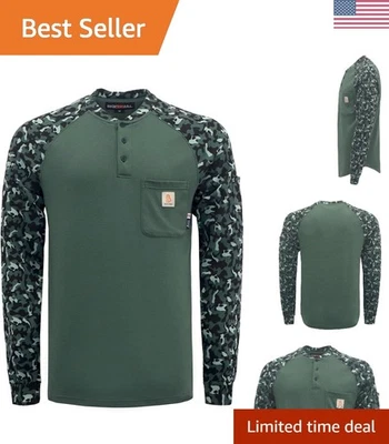 Comfortable Flame Resistant Work Shirt - Men's Camo Green Cotton Henley, Large - Image 1 of 4