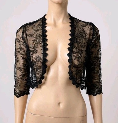 Черный кружевной Болеро жакет укороченный куртка 3/4 рукав вечер официальный прикрыть XS-S - Изображение 1 из 4