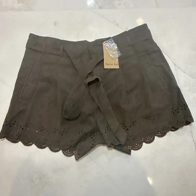 Mustard Seed Women’s Shorts M Brown Faux Suede Eyelet Scallop Hem Belted NWT - Image 1 of 4