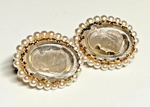 Vintage West Germany Clip on Earrings Lucite Cameo Intaglio Seed Pearl 1950' zz - Picture 1 of 18