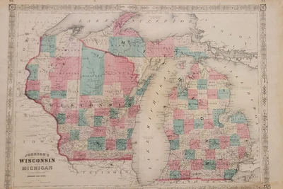 Antiguo mapa original del atlas de Johnson de 1865 Wisconsin Michigan coloreado a mano Foto 1 de 4
