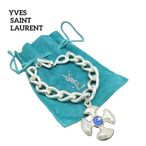 YSL Yves Saint Laurent Bracelet Vintage Blue Stone Cross Chain Silver From Japan - Picture 1 of 24