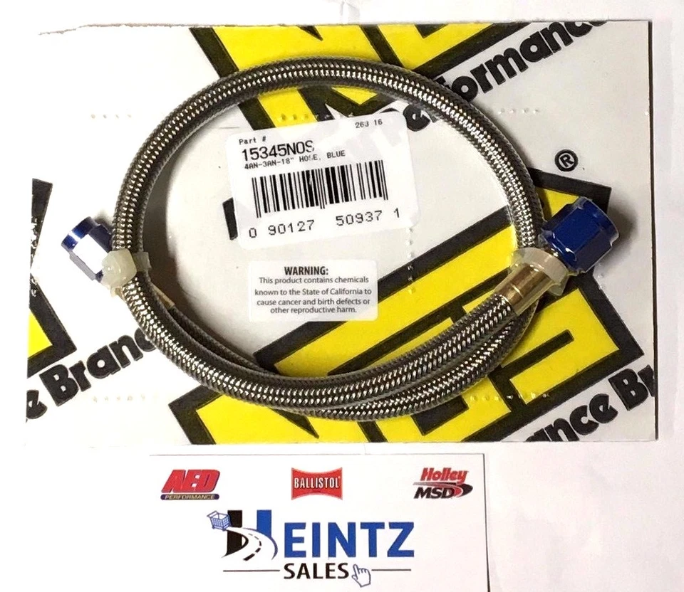 NOS 15345NOS Stainless Steel Braided Hose -4AN to -3AN 18" Blue - Image 1 of 1
