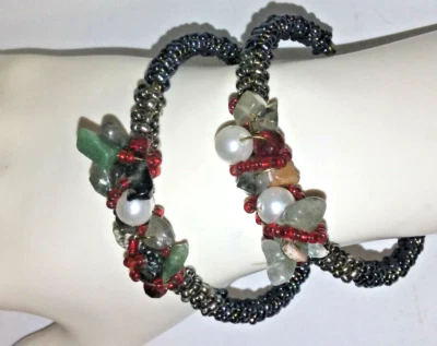 semi precious stone cuff bangle bracelet hematite pearl red flexible fine New - Image 1 of 4