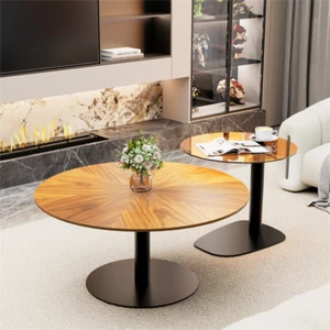 Upscale Modern Living Room Coffee Table Set Separated Round Beech Wood/Glass Top - Picture 1 of 16