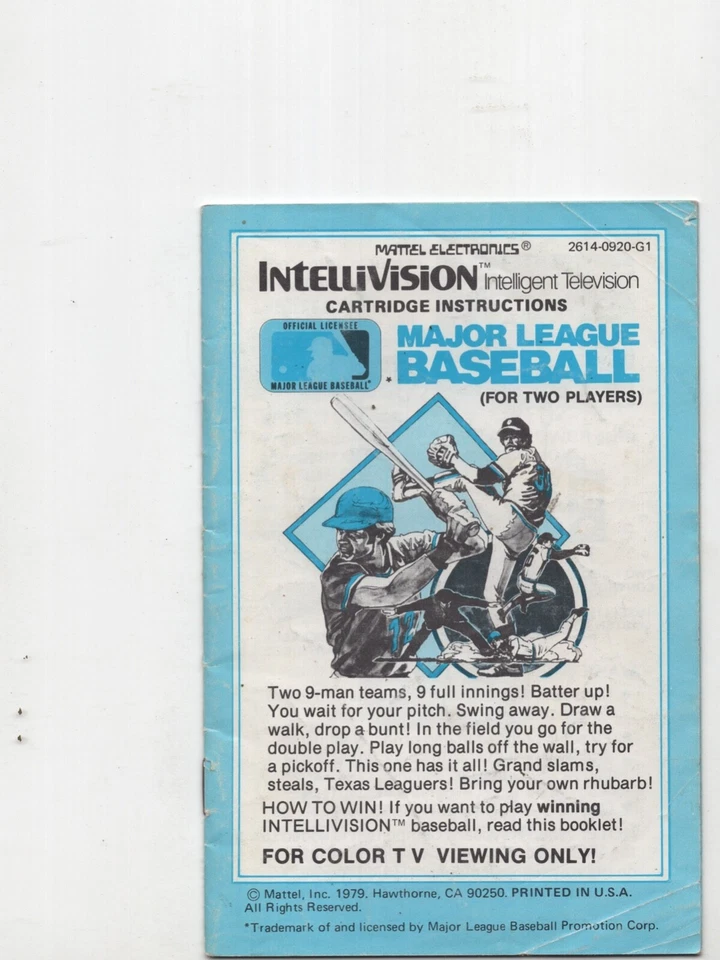 Major League Baseball Intellivision Atari 2600 MANUAL ONLY Authentic Original - Image 1 of 1