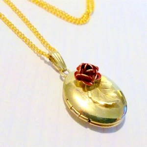 Vintage Red Rose Accented Delicate Gold Tone Oval Locket Necklace - Picture 1 of 5