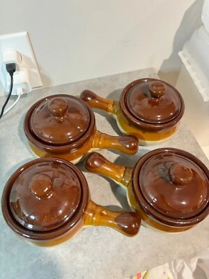 Individual French Onion Soup Crock Chili Bowls, brown cream - lead free - Image 1 of 4