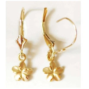 14K Solid Yellow Gold Hawaiian Plumeria Flower Earring W: 6 mm L: 22 mm E2532-50 - Picture 1 of 2