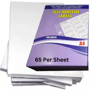 65 PRINTER LABELS PER A4 SHEET 38mm x 21mm STICKY SELF-ADHESIVE ADDRESS LABELS - Picture 1 of 4