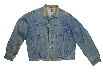 Vintage 1990’s Tommy Hilfiger Denim Jacket Mens Large Trucker Distressed - Image 1 of 4