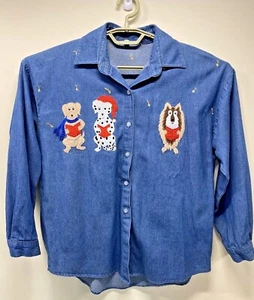 Camisa de mezclilla azul para mujer aplique canto perros con violing talla S/M collie dálmation - Imagen 1 de 12