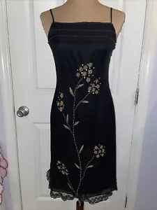 Papell Boutique Evening Dress Blk 100% Silk Spaghetti Straps Beaded Floral Sz 4P - Picture 1 of 14