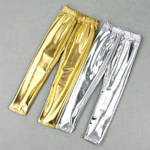 Kid Child Leggings Pants Shiny Metallic Silver Gold Trousers Costume Show - Picture 1 of 12