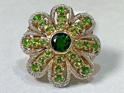 Anillo Flor Grande SS/18K Superpuesto Cromo Diópsido y Diamante - Talla 6 Foto 1 de 4
