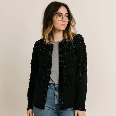 Cárdigan formal grande vintage de los años 80 con cuentas de lana negra Foto 1 de 4