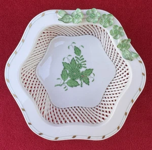 Herend Ungarn Porzellan Chinesischer Blumenstrauß grün offen geflochten Korb - Bild 1 von 8