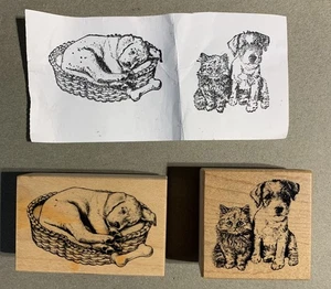 Vintage Stempel, Hund schläft F-2596 und Katze & Hund E-2059, 1998/1990 - Bild 1 von 3