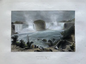 INCISIONE ORIGINALE IN ACCIAIO COLORATA A MANO CASCATE NIAGARA, VICINO CASA CLIFTON 1835-50 - Foto 1 di 3