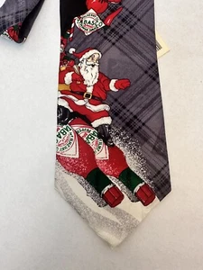Tabasco Bottle Santa Snowboarding Candy Cane Plaid Holiday Christmas Silk Tie - Picture 1 of 10