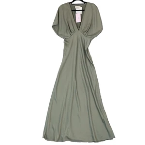 Anthropologie x BHLDN Leila Green V Flutter Sleeve Satin A-Line Gown Size 12 - Imagen 1 de 15