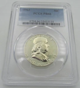 Moneda de medio dólar Franklin 1963 prueba 90 % plata graduación profesional PR66 50 centavos graduada - Imagen 1 de 3