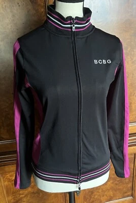 BCBG Maxazria small zip up Athletic jacket Black With Pink Striping - Image 1 of 3