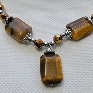 Rectangular Natural Tiger's Eye (3) Gold/Bronze Beaded Necklace 18.5" Ext to 22" - Picture 1 of 15