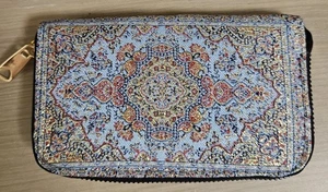 Turkish Tile Design Blue Kilim Zip Around Woven Wallet Turkey - Picture 1 of 8