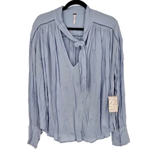 Free People NEW Women Medium Wishful Moments Tie Neck Flowy Blouse Gemstone Blue - Picture 1 of 6