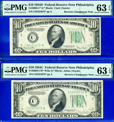1934D 1934C $10 Federal Reserve Note PMG 63EPQ star changeover Fr 2009/2008-C* - Image 1 of 4