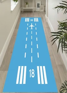 Flugzeug Landebahn Teppich - blauer Kinderteppich mit weißem Jet - lange Flur Spielmatte - - Bild 1 von 10