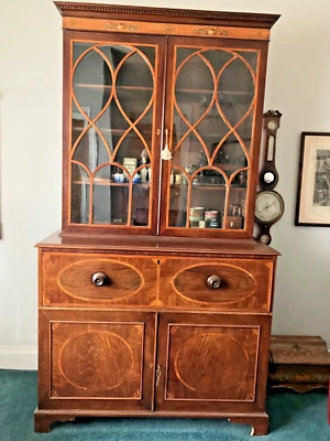 REGENCY GEORGIAN ANTIQUE SECRETARY DRAWERS MULTI WOODS LEATHER DESK SHELVES FAB! - Image 1 of 4