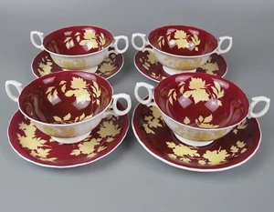 Wedgwood "Ruby Tonquin" Soup Cups Bowls w/Handles & Saucers x 4. Red vintage set - Picture 1 of 9