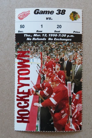 Red Wings vs Chicago Blackhawks ticket stub Mar 12, 1998  Wings Bench Pictured Cover