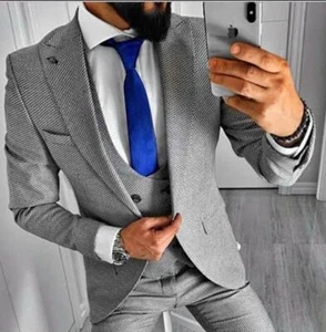 Traje de hombre Designer Business gris blanco patrón chaqueta chaleco entallado Slim Fit 46 - Imagen 1 de 4