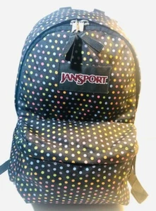 Jansport Backpack Blended Fabric Black Multi-Color Dots Front Large Pocket - Picture 1 of 8