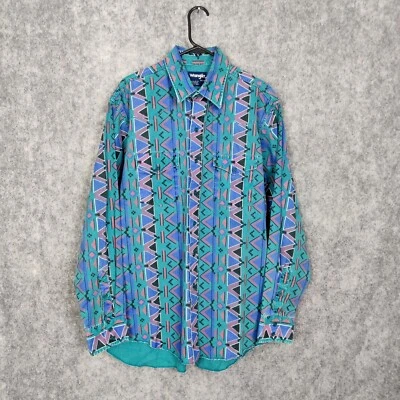 Wrangler Shirt Size XL Teal Blue Cotton Brushpopper Aztec Navajo Checotah 90s - Image 1 of 4
