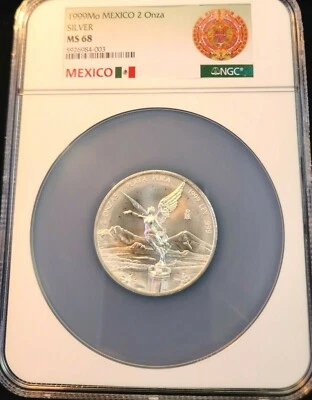 1999 MEXICO SILVER LIBERTAD 2 ONZA NGC MS 68 EXTREMELY SCARCE LOW MINTAGE KEY - Image 1 of 4
