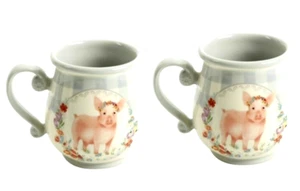 The Pioneer Woman Gray Gingham Pig Mugs NWT  15 oz. Set of 2 Coffee Cups HTF - Picture 1 of 2