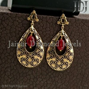 Solid 18k Yellow Gold Ruby Wedding Earrings Dangle Gemstone Party Wear Jewelry - Picture 1 of 9