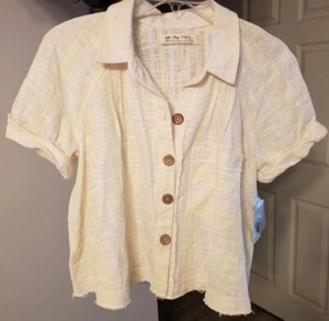 Free People sz M yellow cuff short sleeve button raw hem frayed linen shirt $98 - Picture 1 of 6