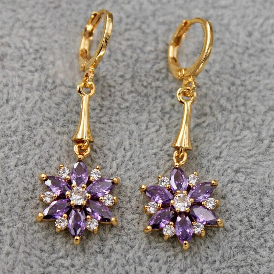 3 Ct Marquise Cut Simulated Amethyst Flower Drop Earring 14k Yellow Gold Plated - Image 1 of 4